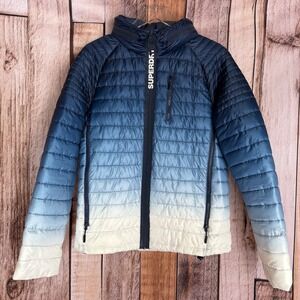 Superdry‎ Puffer Jacket Power Fade Ombre Blue Neck Guard Men's Large Winter Coat